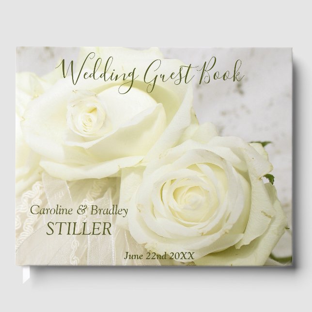 Elegant Romantic White Rose Floral Beauty Wedding Guest Book (Front)