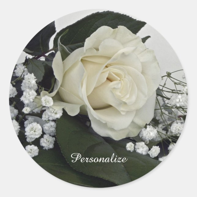 Elegant & Romantic White Rose Personalise Classic Round Sticker (Front)