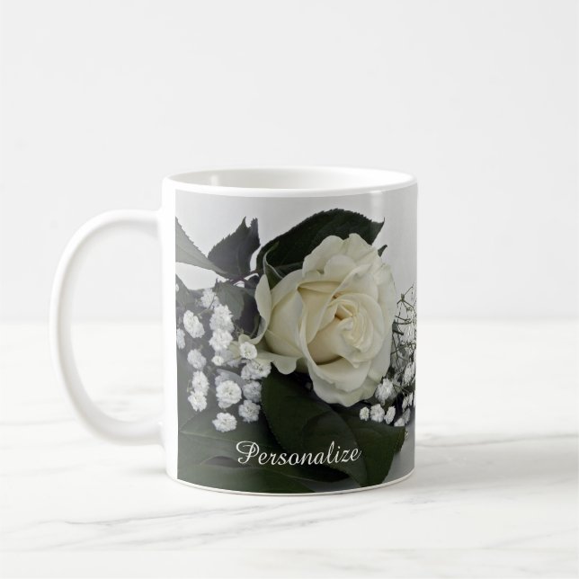 Elegant & Romantic White Rose Personalise Coffee Mug (Left)