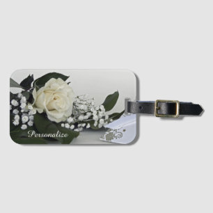 Elegant & Romantic White Rose Personalise Luggage Tag