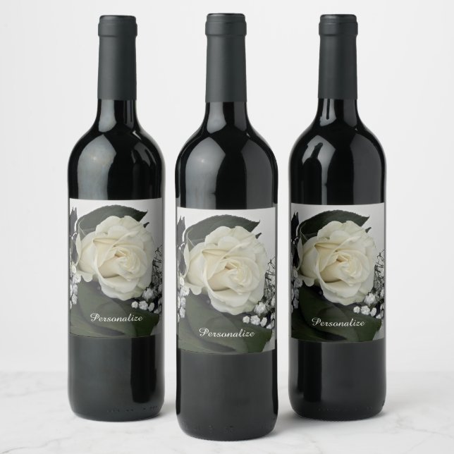 Elegant & Romantic White Rose Personalise Wine Label (Bottles)