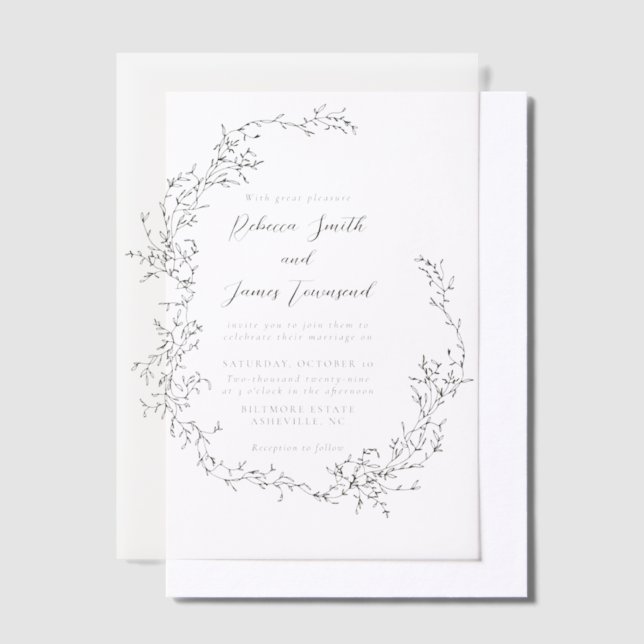 Elegant Romantic Wreath Botanical Floral Wedding Vellum Invitations (Offset)