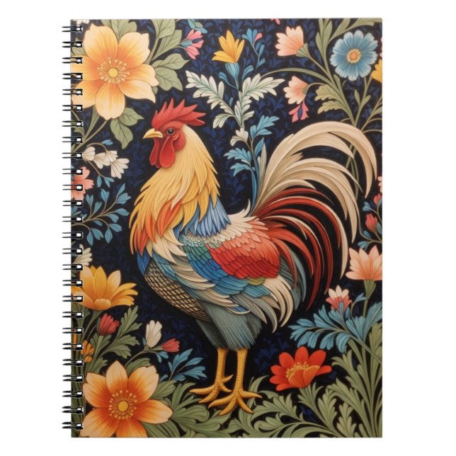 Elegant Rooster on Colourful Floral Background Notebook (Front)