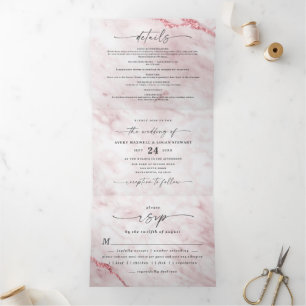 Elegant Rosa Petal Pink Metallic Marble Wedding Tri-Fold Invitation