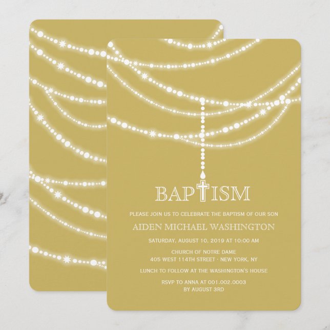 Elegant Rosary Cross Sparkles Baptism Religious Invitation (Front/Back)