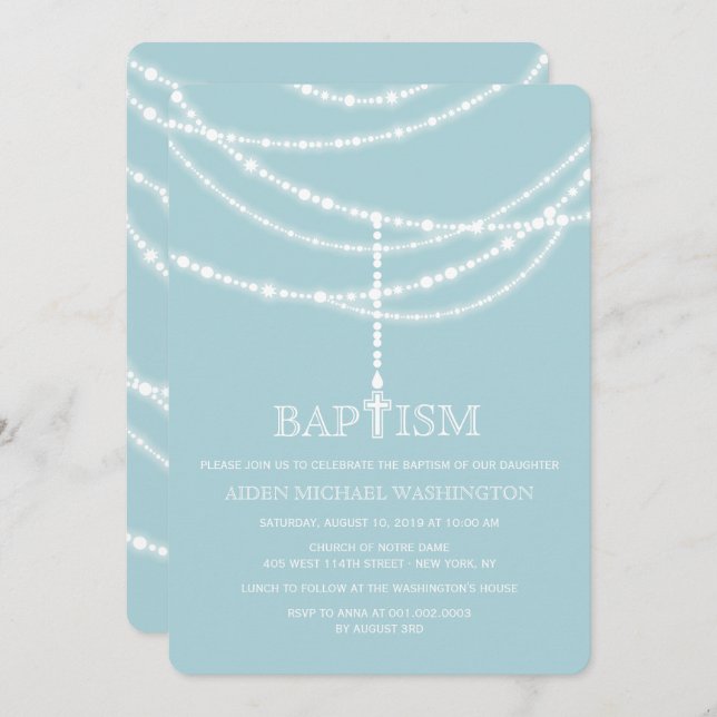 Elegant Rosary Cross Sparkles Baptism Religious Invitation (Front/Back)