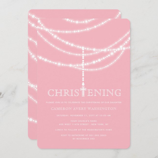 Elegant Rosary Cross Sparkles Christening Invite (Front/Back)