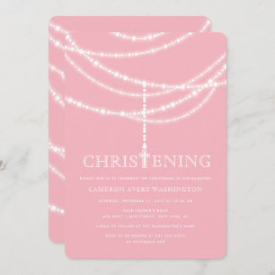 Elegant Rosary Cross Sparkles Christening Invite