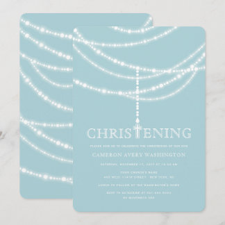Elegant Rosary Cross Sparkles Christening Invite