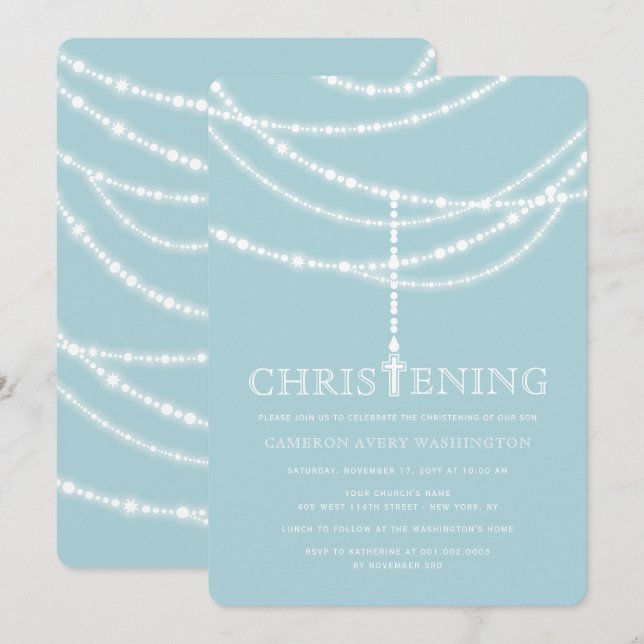 Elegant Rosary Cross Sparkles Christening Invite (Front/Back)