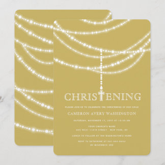 Elegant Rosary Cross Sparkles Christening Invite