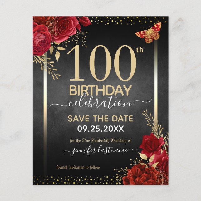 Elegant Rose 100th Birthday Save the Date Budget (Front)