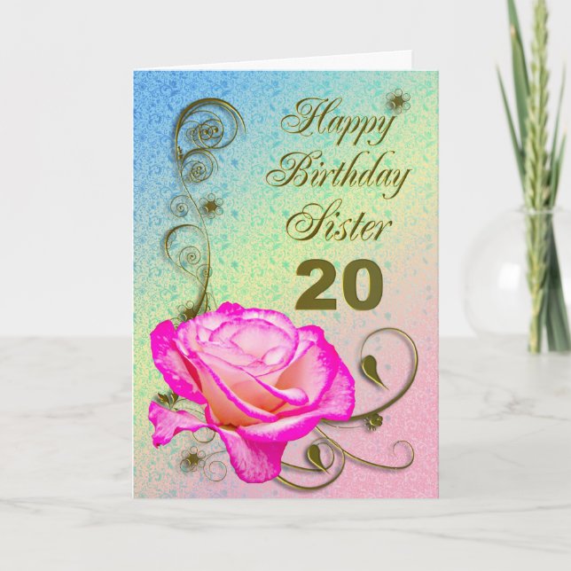 Elegant rose 20th birthday card for Sister (Front)