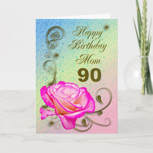 Elegant rose 90th birthday card for Mum (Front)