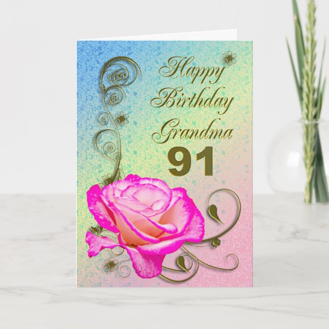 Elegant rose 91st birthday card for Grandma (Front)