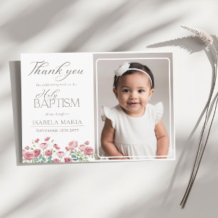Elegant Rose and Peony flowers baptism photo Thank You Card