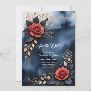 Elegant rose arrangement with golden foliage save the date