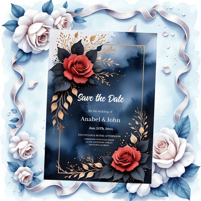 Elegant rose arrangement with golden foliage save the date (Creator Uploaded)