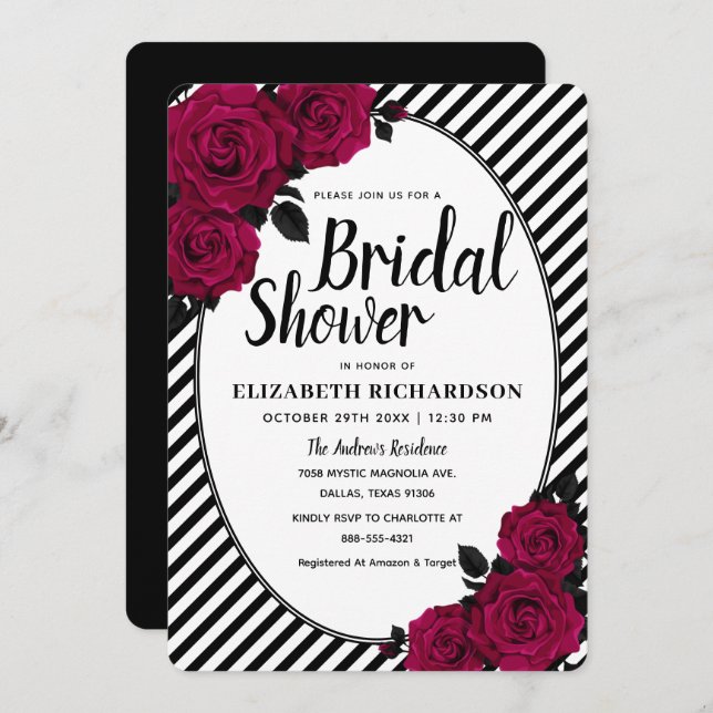 Elegant Rose Black Stripes Gothic Bridal Shower Invitation (Front/Back)