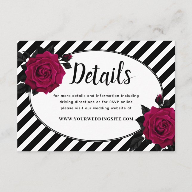 Elegant Rose Black Stripes Gothic Wedding Details  Enclosure Card (Front)