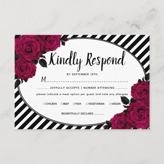 Elegant Rose Black Stripes Gothic Wedding RSVP Enclosure Card (Front)