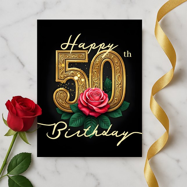 Elegant Rose Bloom and Luxe Golden 50th Birthday Postcard (Creator Uploaded)