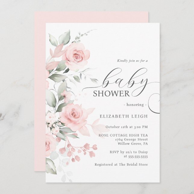 Elegant Rose Blush Pink Baby Shower  Invitation (Front/Back)