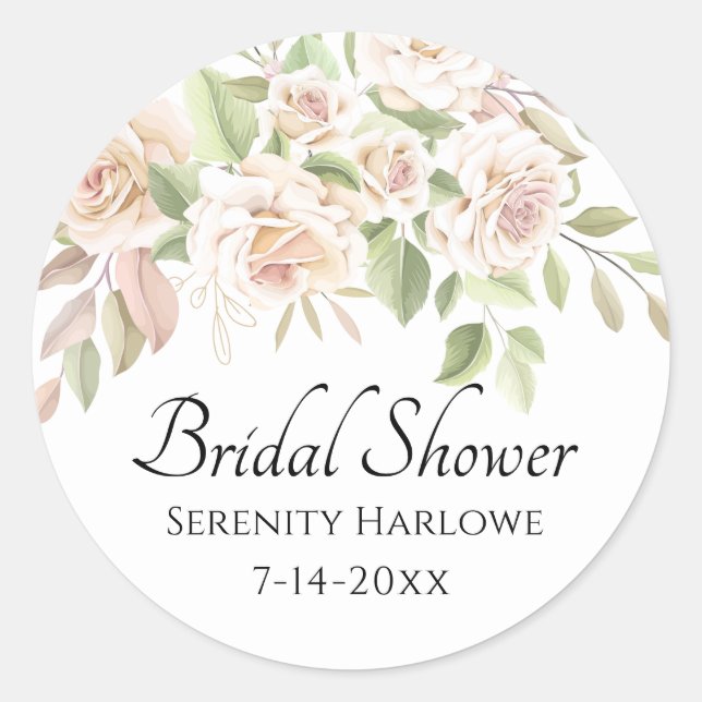 Elegant Rose Blush Pink Floral Bridal Shower Squar Classic Round Sticker (Front)
