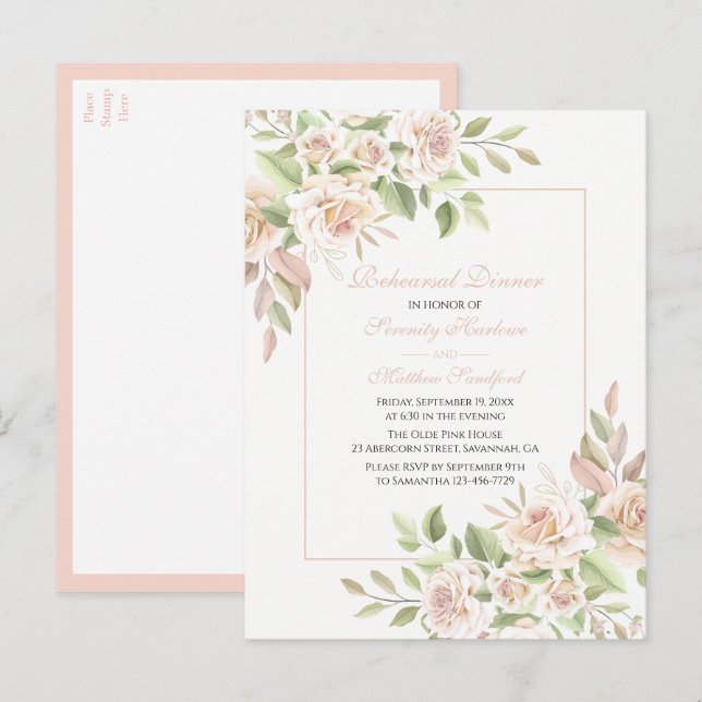 Elegant Rose Blush Pink Floral Rehearsal Dinner  I Invitation Postcard (Front/Back)
