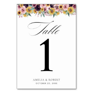 Elegant Rose Burgundy Sunflower Floral Wedding Table Number