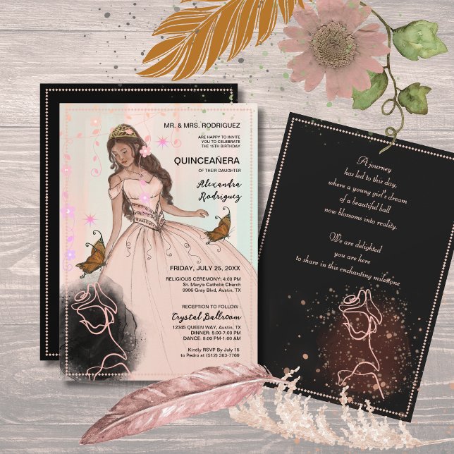 Elegant Rose & Butterfly Pink Black Quinceañera  Invitation (Elegant Rose & Butterfly Pink Black Quinceañera Invitation)
