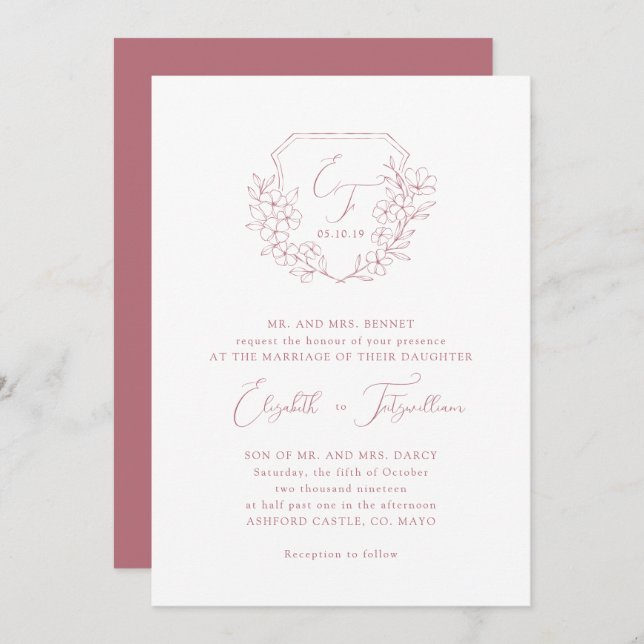 Elegant Rose Cherry Blossom Monogram Script Crest  Invitation (Front/Back)
