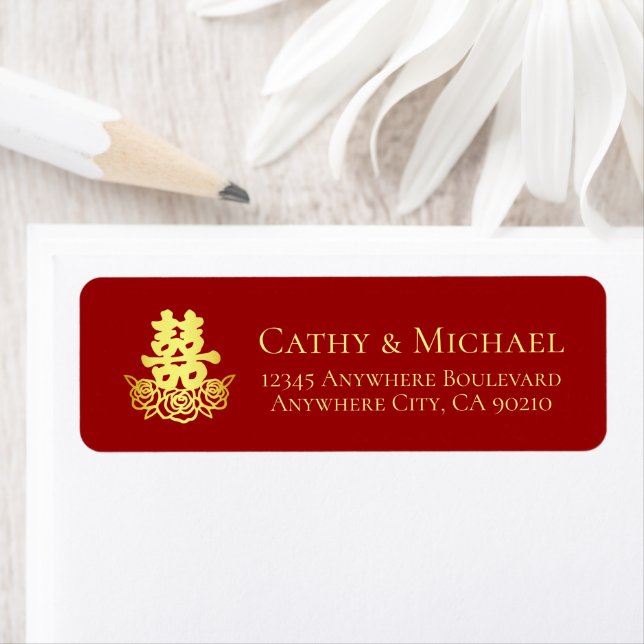 Elegant rose Chinese wedding return address (Insitu)