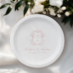 Elegant Rose Chinoiserie Monogram Crest Wedding Paper Plate<br><div class="desc">Add a personalised, romantic touch to your wedding reception, engagement party, couples shower, or rehearsal dinner with Elegant Dusty Rose Pink Chinoiserie Victorian Floral paper plates. The elegant wedding paper plates feature an intricate dusty rose chinoiserie crest surrounding the couple's monogram initials. Your names are displayed in a classic dusty...</div>