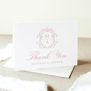 Elegant Rose Chinoiserie Monogram Crest Wedding Thank You Card