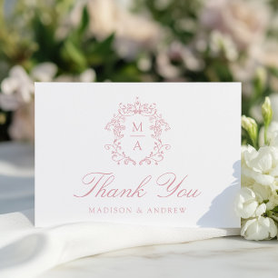 Elegant Rose Chinoiserie Monogram Crest Wedding Thank You Card