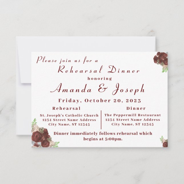Elegant Rose Corsage Rehearsal Dinner Invitation (Front)