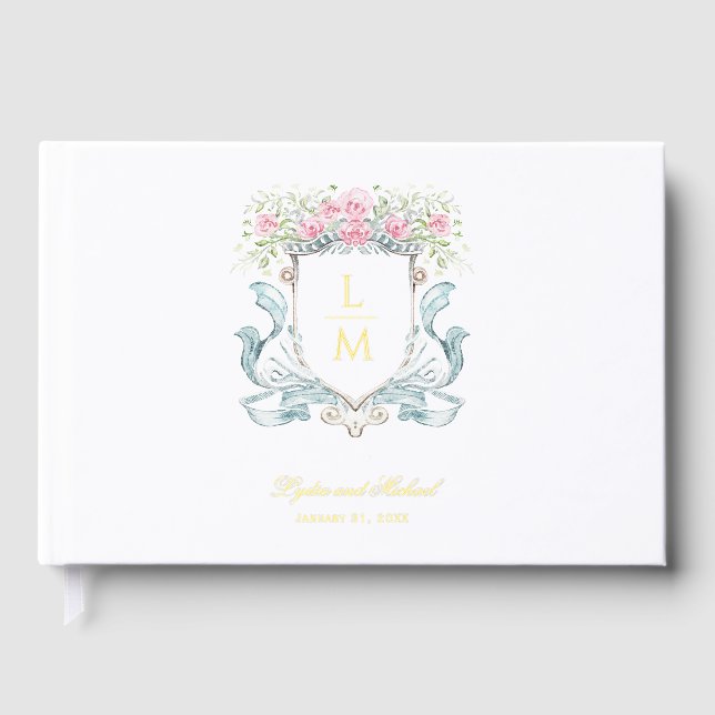 Elegant Rose Crest w/ Bow | Monogram Wedding Guest Book (Front)