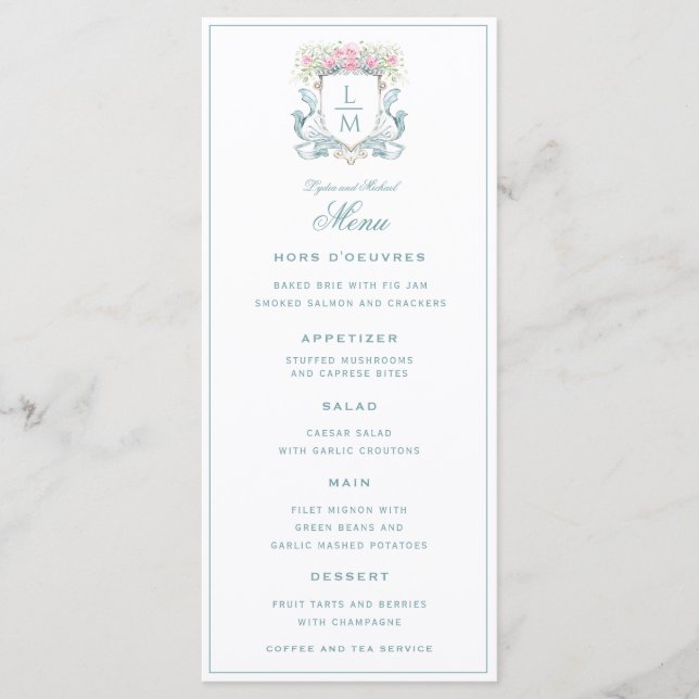 Elegant Rose Crest w/ Bow | Monogram Wedding  Menu (Front)