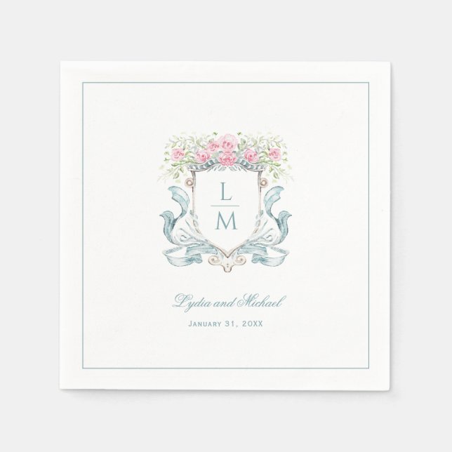 Elegant Rose Crest w/ Bow | Monogram Wedding Napkin (Front)