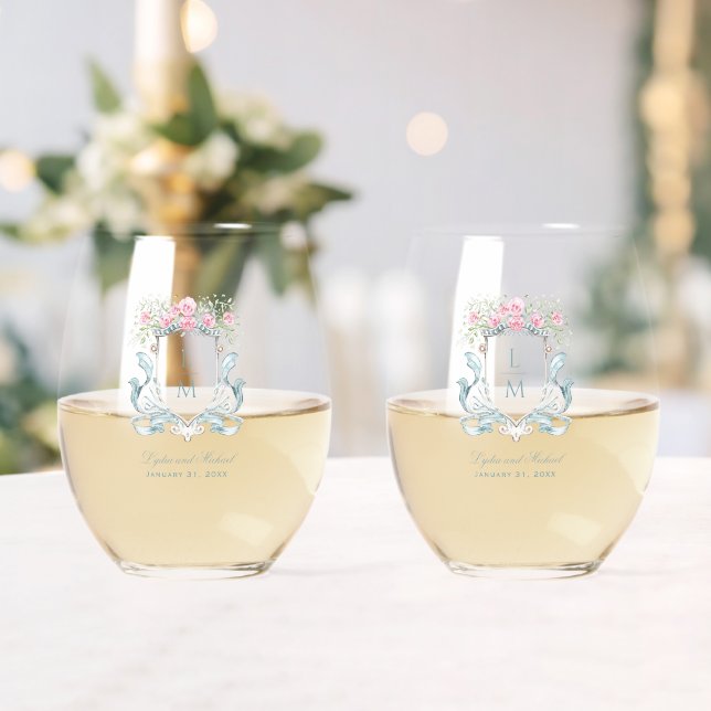 Elegant Rose Crest w/ Bow | Monogram Wedding Stemless Wine Glass (Insitu (Wedding))