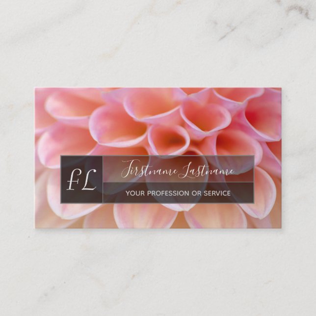 Elegant rose dahlia flower grey rectangle monogram business card (Front)