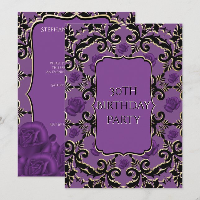 Elegant Rose & Damask Gothic 30th Birthday Invitation (Front/Back)
