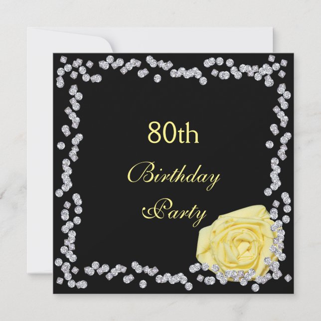 Elegant Rose & Diamonds 80th Birthday Invitation (Front)