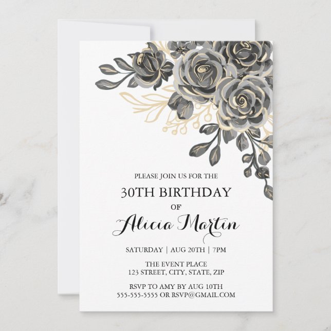 Elegant Rose Flora Black & Gold Birthday Invitation (Front)