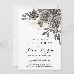 Elegant Rose Flora Black & Gold Birthday Invitation