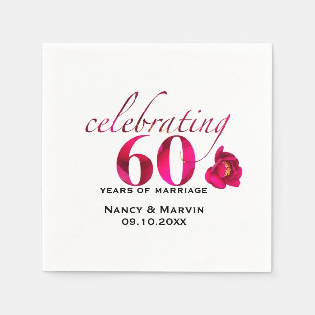 Elegant rose floral 60th Anniversary name date Napkin (Front)