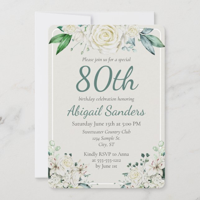 Elegant Rose Floral 80th Birthday Party Any Age Invitation (Front)