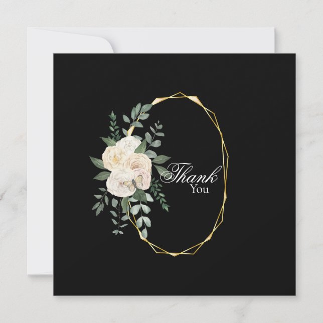 Elegant Rose Floral Black Wedding Thank You Card (Front)