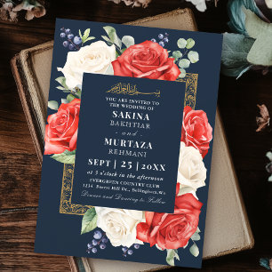 Elegant Rose Floral Blue Muslim Wedding Invitation
